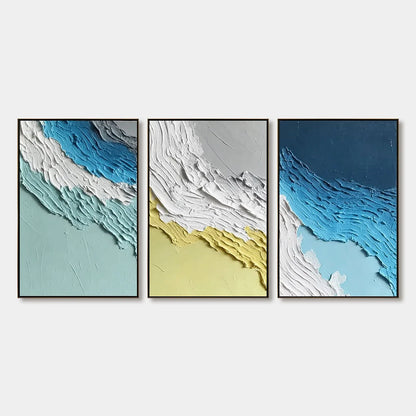 COASTAL RHYTHM: Textured Abstract Triptych of a Serene Seascape | hanging in COASTAL RHYTHM: Textured Abstract Triptych of a Serene Seascape featuring layered textured brushwork in refined tones; a...