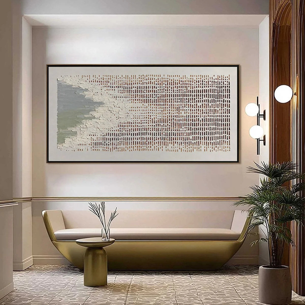 COASTAL RHYTHM: Textured Wabi Sabi Abstract Horizontal Wall Art | gold frame stretched on neutral wall