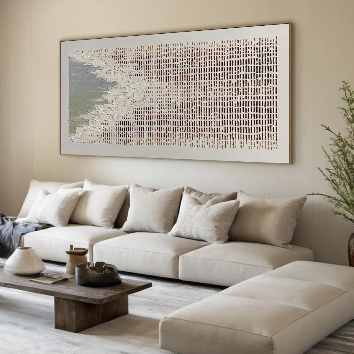 COASTAL RHYTHM: Textured Wabi Sabi Abstract Horizontal Wall Art | beige palette, original Hand-painted on premium stretched canvas using artist-grade oils; rich layered surface combines smooth grad...