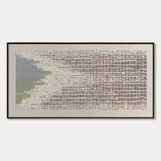 COASTAL RHYTHM: Textured Wabi Sabi Abstract Horizontal Wall Art | hanging in COASTAL RHYTHM: Textured Wabi Sabi Abstract Horizontal Wall Art featuring layered textured brushwork in refined tones; a...