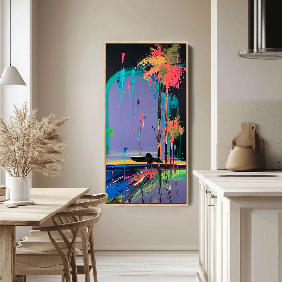 COASTAL RUSH: Vibrant Abstract Surfer and Palm Tree Oil Painting | Abstract closeup, raised brushwork detail