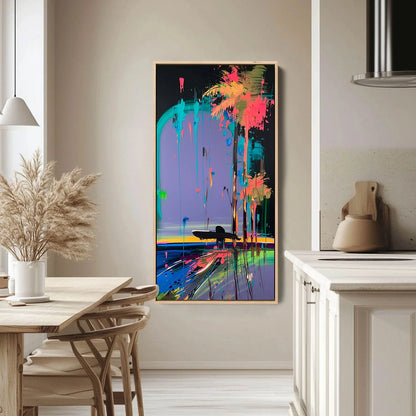COASTAL RUSH: Vibrant Abstract Surfer and Palm Tree Oil Painting | Abstract closeup, raised brushwork detail