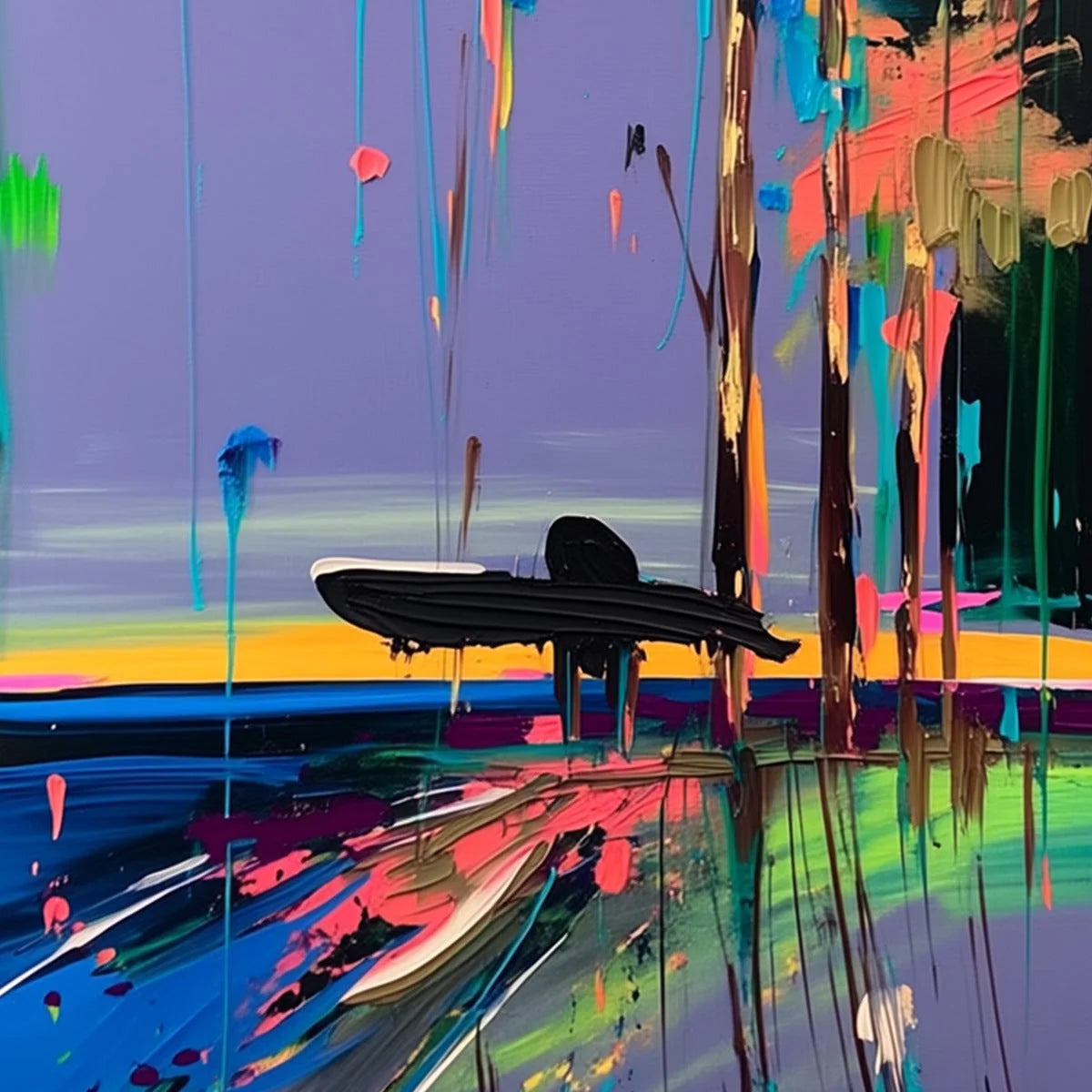 COASTAL RUSH: Vibrant Abstract Surfer and Palm Tree Oil Painting | rectangular format, hand-painted canvas edge