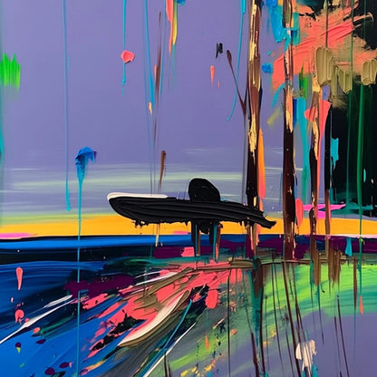 COASTAL RUSH: Vibrant Abstract Surfer and Palm Tree Oil Painting | rectangular format, hand-painted canvas edge
