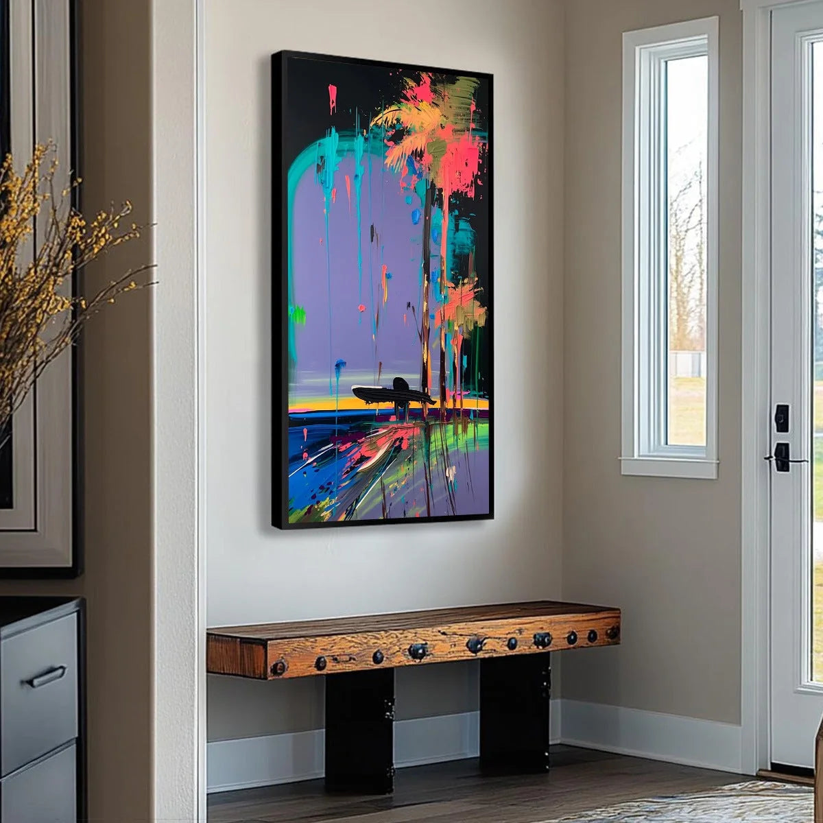 COASTAL RUSH: Vibrant Abstract Surfer and Palm Tree Oil Painting | gold frame stretched on neutral wall