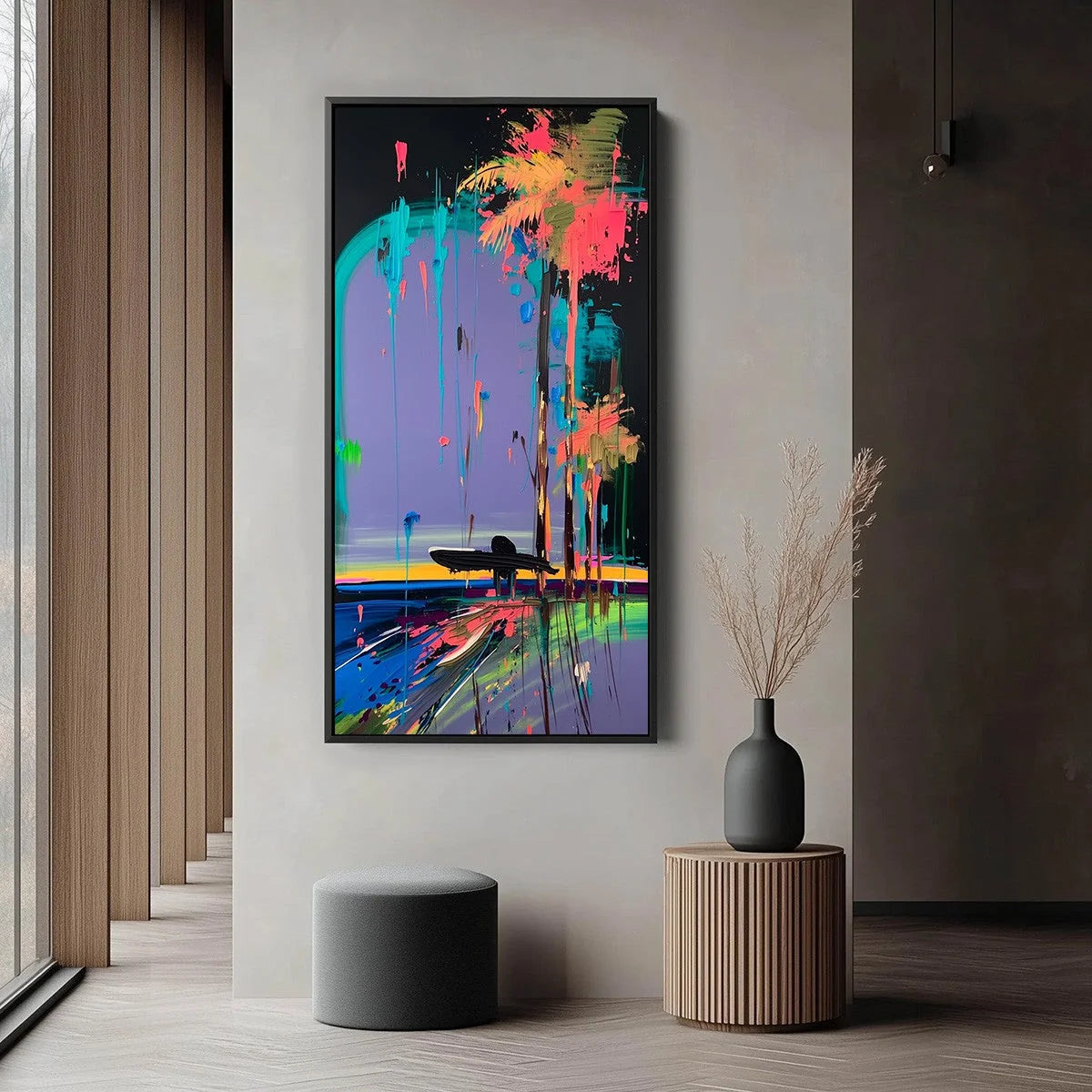 COASTAL RUSH: Vibrant Abstract Surfer and Palm Tree Oil Painting | rolled canvas, ready for custom framing