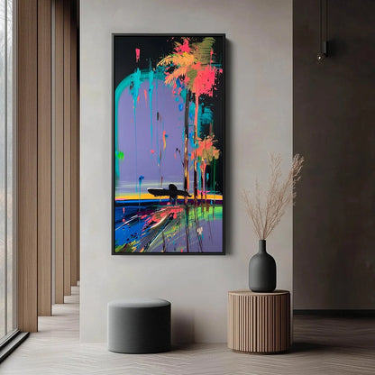 COASTAL RUSH: Vibrant Abstract Surfer and Palm Tree Oil Painting | rolled canvas, ready for custom framing