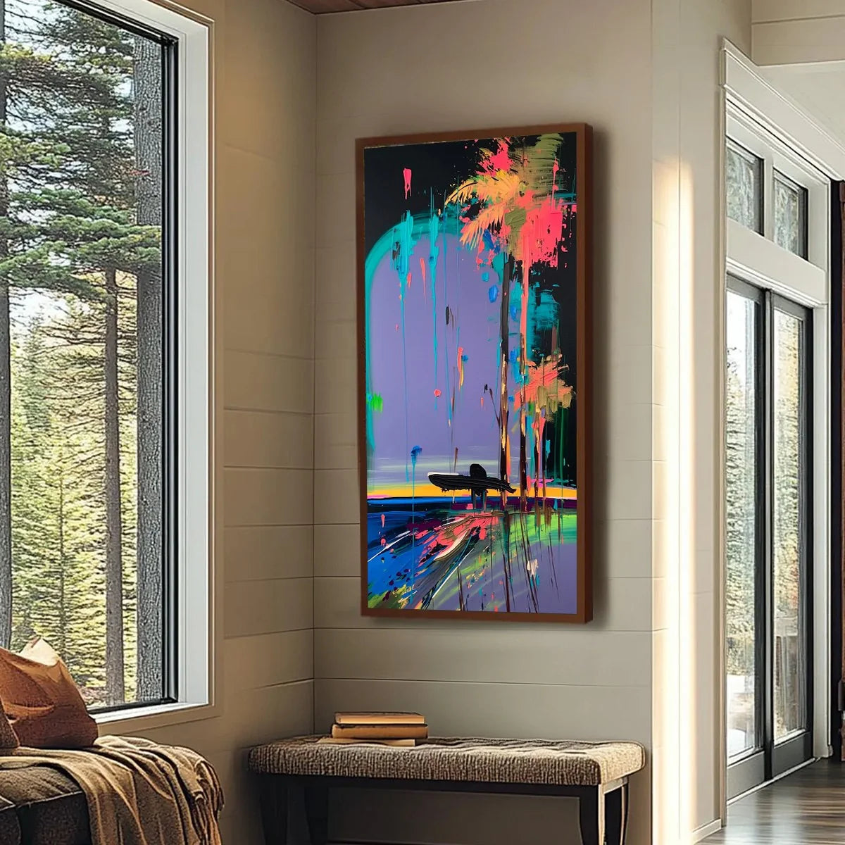 COASTAL RUSH: Vibrant Abstract Surfer and Palm Tree Oil Painting | black frame version on white wall