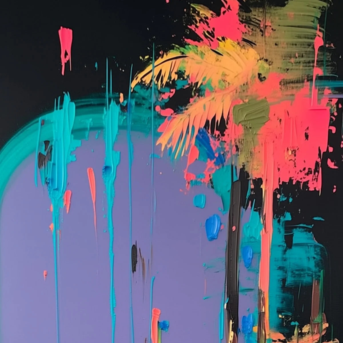 COASTAL RUSH: Vibrant Abstract Surfer and Palm Tree Oil Painting | Abstract mood, soft natural light studio shot