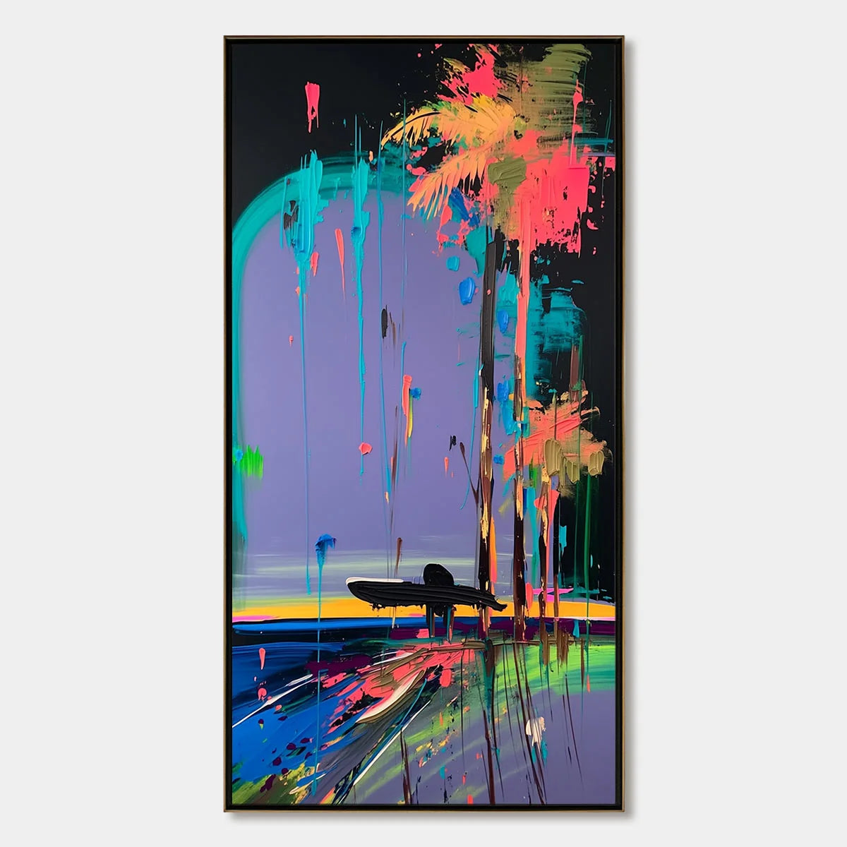 COASTAL RUSH: Vibrant Abstract Surfer and Palm Tree Oil Painting | hanging in COASTAL RUSH: Vibrant Abstract Surfer and Palm Tree Oil Painting featuring layered textured brushwork in refined tones;...