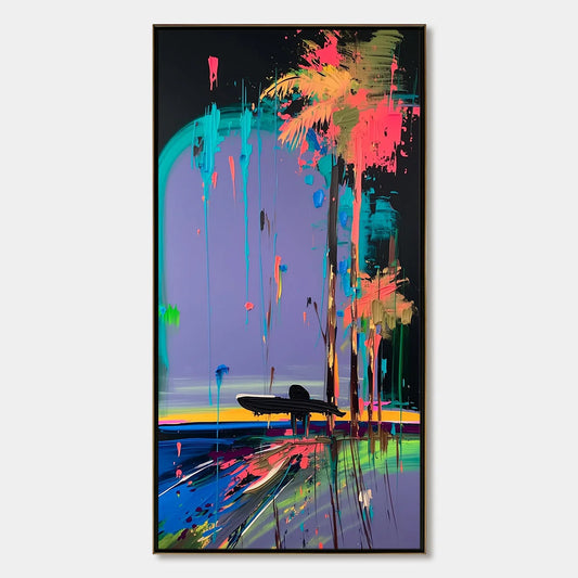 COASTAL RUSH: Vibrant Abstract Surfer and Palm Tree Oil Painting | hanging in COASTAL RUSH: Vibrant Abstract Surfer and Palm Tree Oil Painting featuring layered textured brushwork in refined tones;...