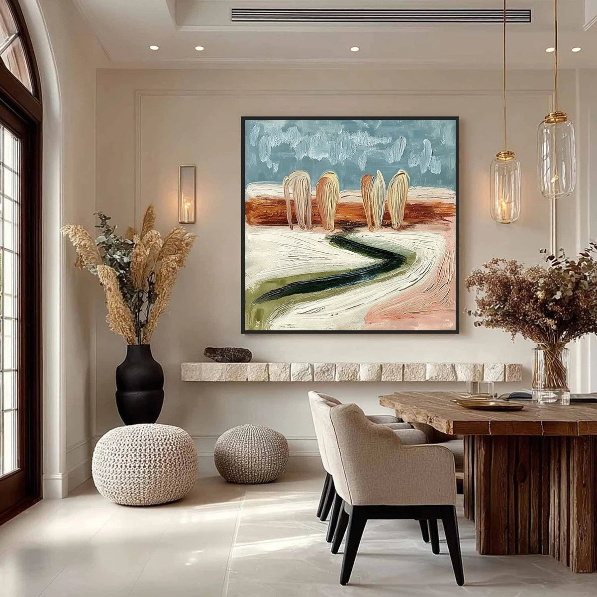Coastal Sentinels | Textured Abstract Landscape Oil Painting | gold frame stretched on neutral wall