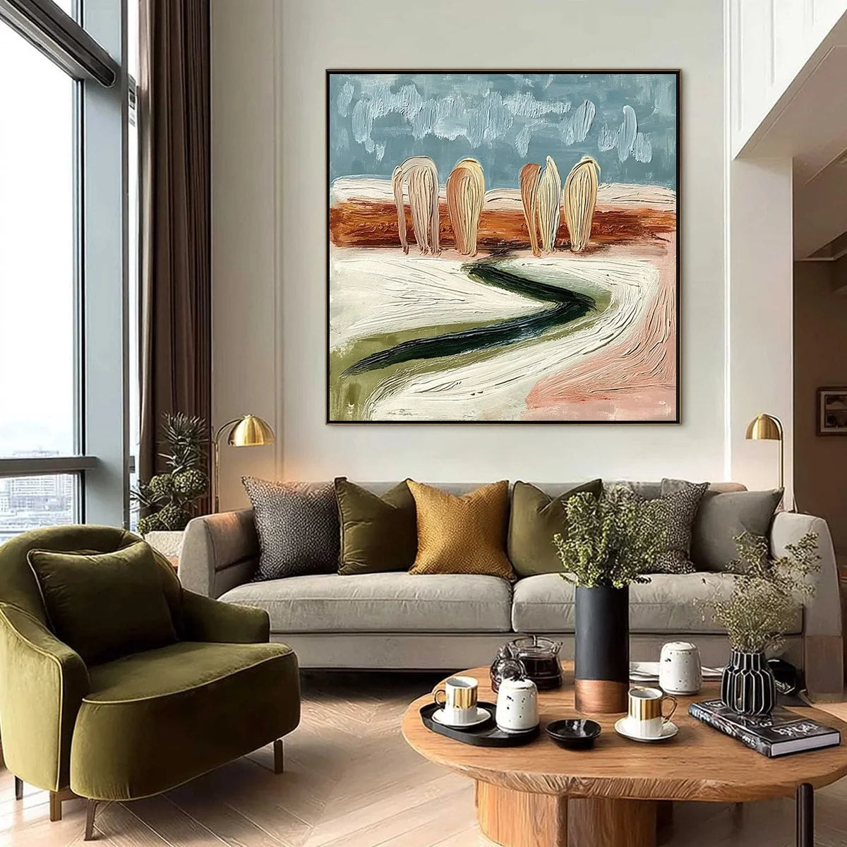 Coastal Sentinels | Textured Abstract Landscape Oil Painting | black frame version on white wall