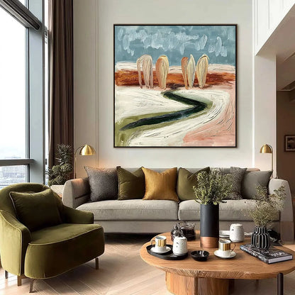 Coastal Sentinels | Textured Abstract Landscape Oil Painting | black frame version on white wall