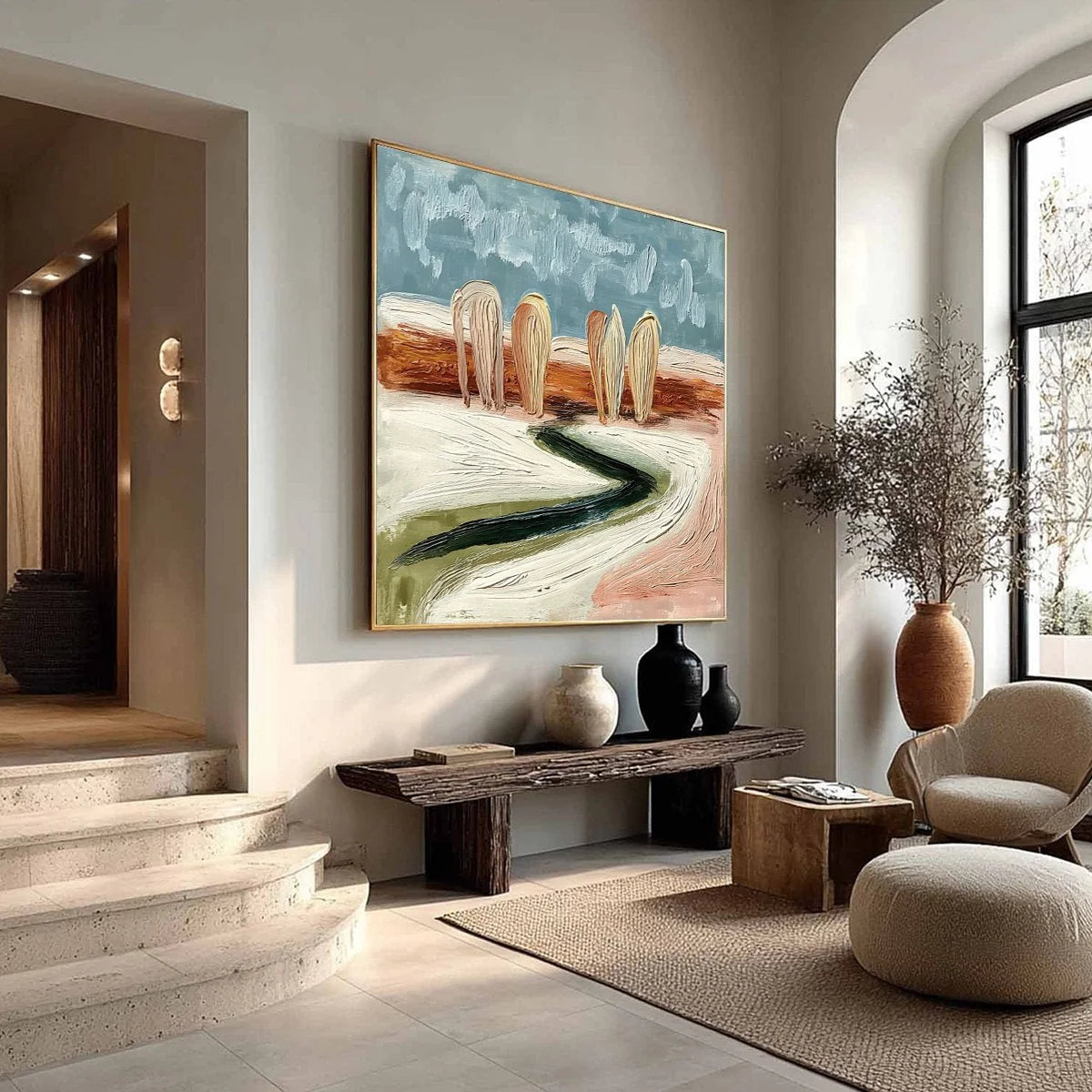 Coastal Sentinels | Textured Abstract Landscape Oil Painting | beige palette, original Hand-painted on premium stretched canvas using artist-grade oils; rich layered surface combines smooth gradien...