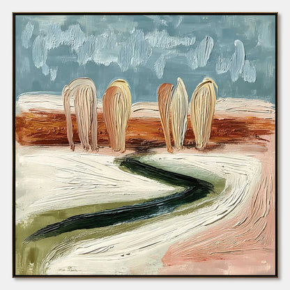 Coastal Sentinels | Textured Abstract Landscape Oil Painting | hanging in Coastal Sentinels | Textured Abstract Landscape Oil Painting featuring layered textured brushwork in refined tones; abstrac...