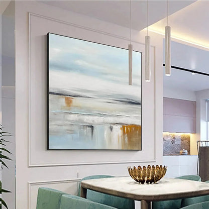 COASTAL SERENITY: Abstract Coastal Landscape Painting in Soft Blues and Neutrals | gold frame stretched on neutral wall