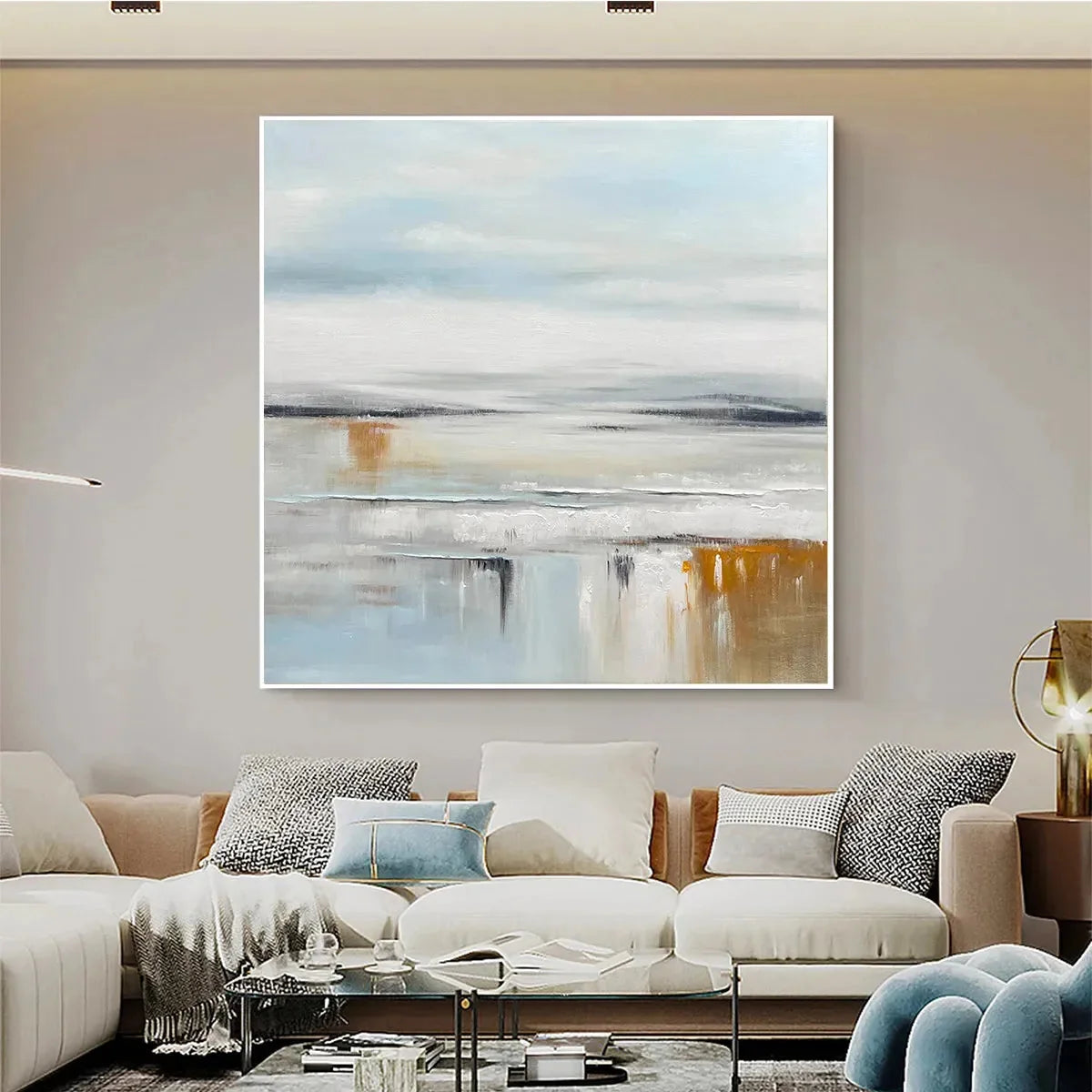 COASTAL SERENITY: Abstract Coastal Landscape Painting in Soft Blues and Neutrals | black frame version on white wall