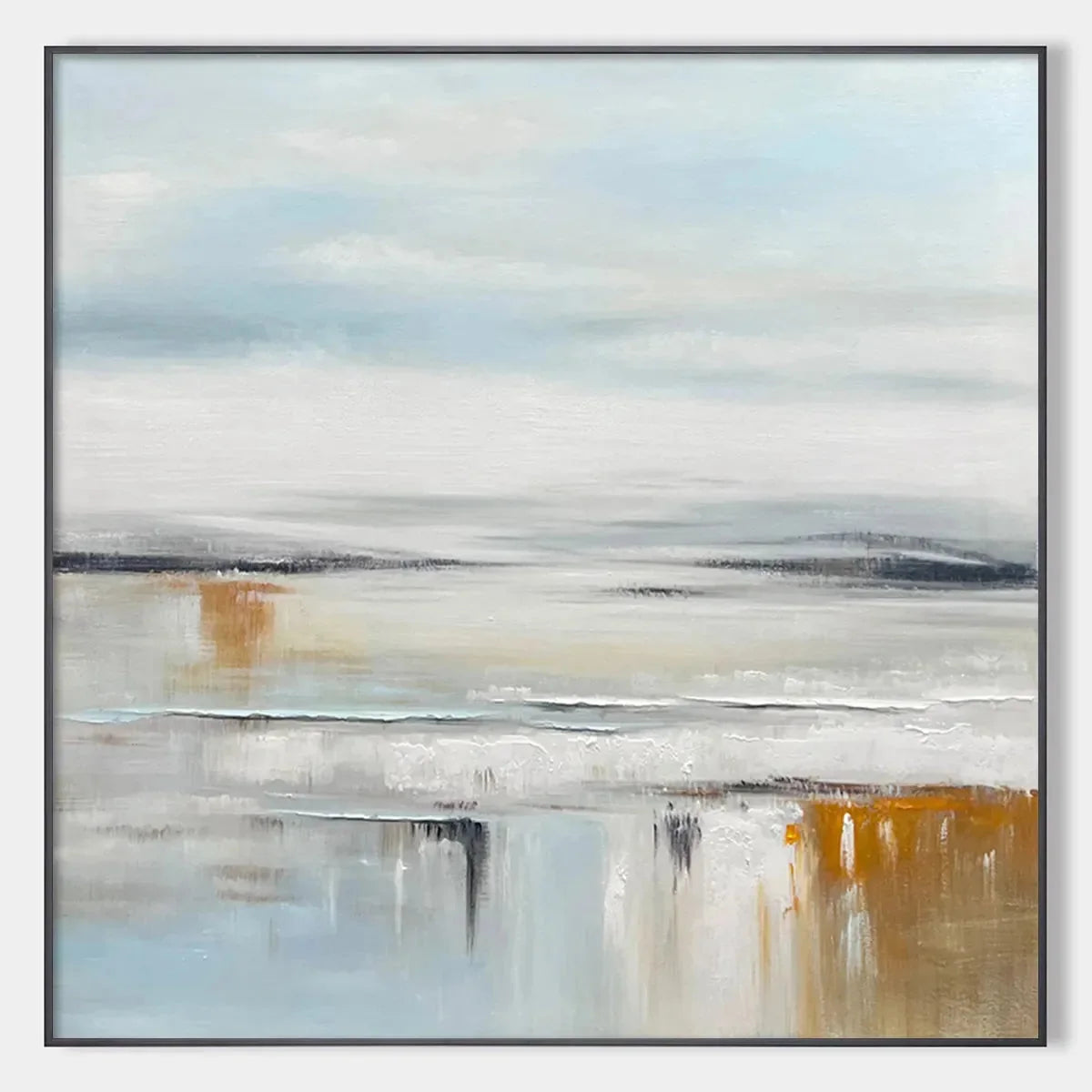 COASTAL SERENITY: Abstract Coastal Landscape Painting in Soft Blues and Neutrals | hanging in COASTAL SERENITY: Abstract Coastal Landscape Painting in Soft Blues and Neutrals featuring layered text...
