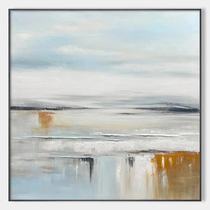 COASTAL SERENITY: Abstract Coastal Landscape Painting in Soft Blues and Neutrals | hanging in COASTAL SERENITY: Abstract Coastal Landscape Painting in Soft Blues and Neutrals featuring layered text...