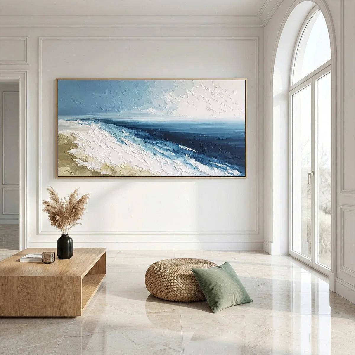 COASTAL SERENITY: Large Textured Impasto Seascape Oil Painting | gold frame stretched on neutral wall