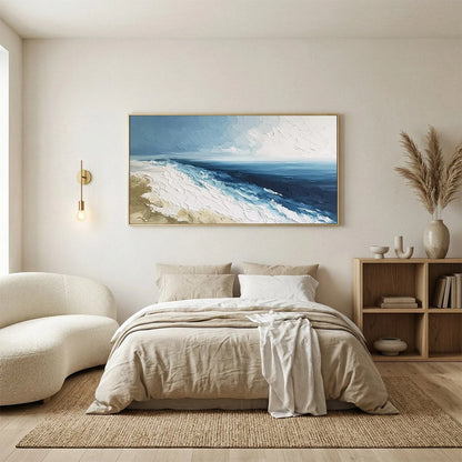 COASTAL SERENITY: Large Textured Impasto Seascape Oil Painting | black frame version on white wall