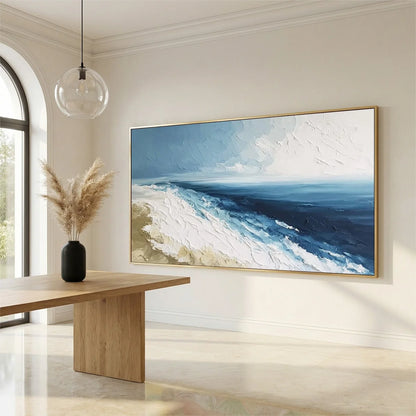 COASTAL SERENITY: Large Textured Impasto Seascape Oil Painting | Abstract mood, soft natural light studio shot