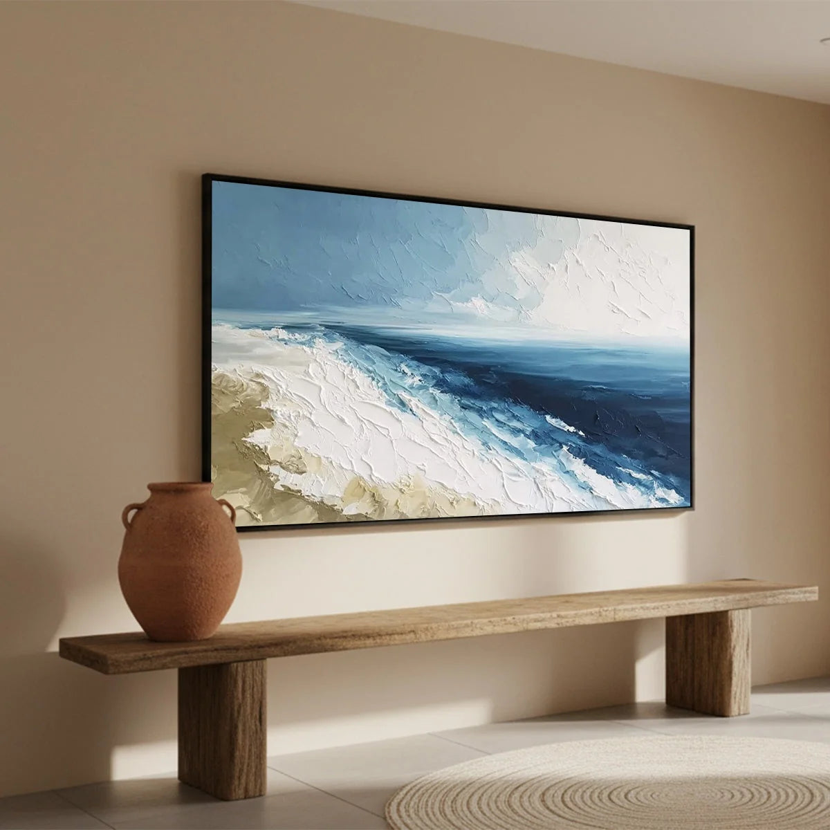 COASTAL SERENITY: Large Textured Impasto Seascape Oil Painting | beige palette, original Hand-painted on premium stretched canvas using artist-grade oils; rich layered surface combines smooth gradi...