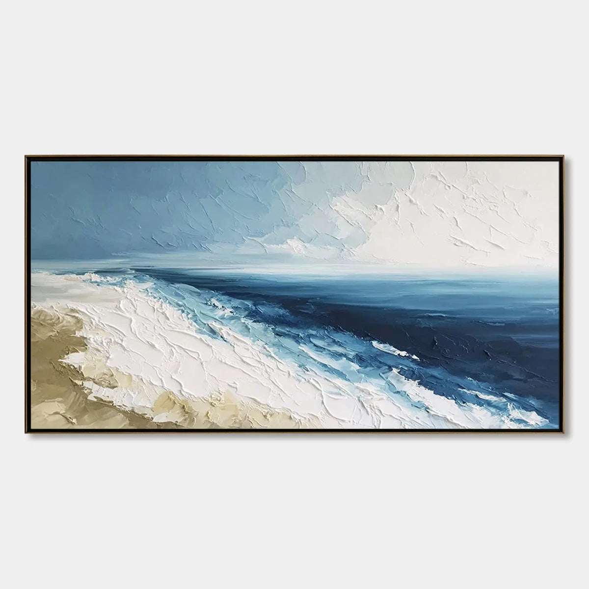 COASTAL SERENITY: Large Textured Impasto Seascape Oil Painting | hanging in COASTAL SERENITY: Large Textured Impasto Seascape Oil Painting featuring layered textured brushwork in refined tones; abs...