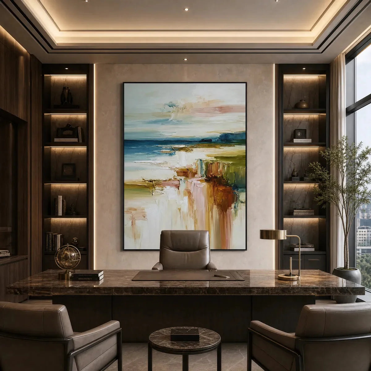 COASTAL SERENITY: Textured Abstract Coastal Landscape Painting | gold frame stretched on neutral wall