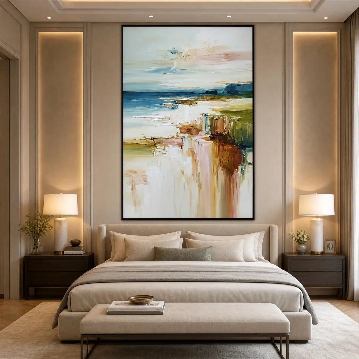 COASTAL SERENITY: Textured Abstract Coastal Landscape Painting | black frame version on white wall