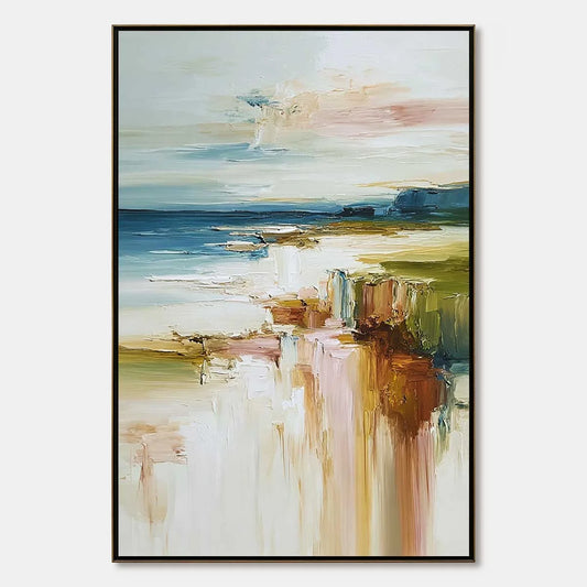 COASTAL SERENITY: Textured Abstract Coastal Landscape Painting | hanging in living room, textured wall art