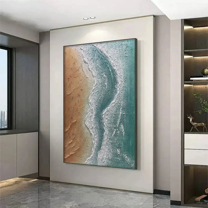 COASTAL SERENITY: Textured Beach Painting, Ocean View | gold frame stretched on neutral wall
