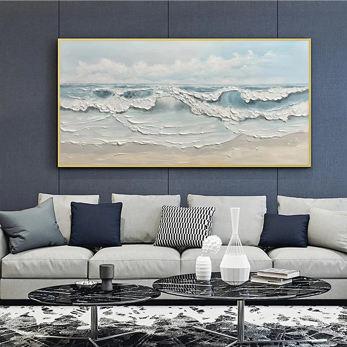 COASTAL SERENITY: Textured Ocean Waves Seascape Oil Painting | textured closeup, raised brushwork detail