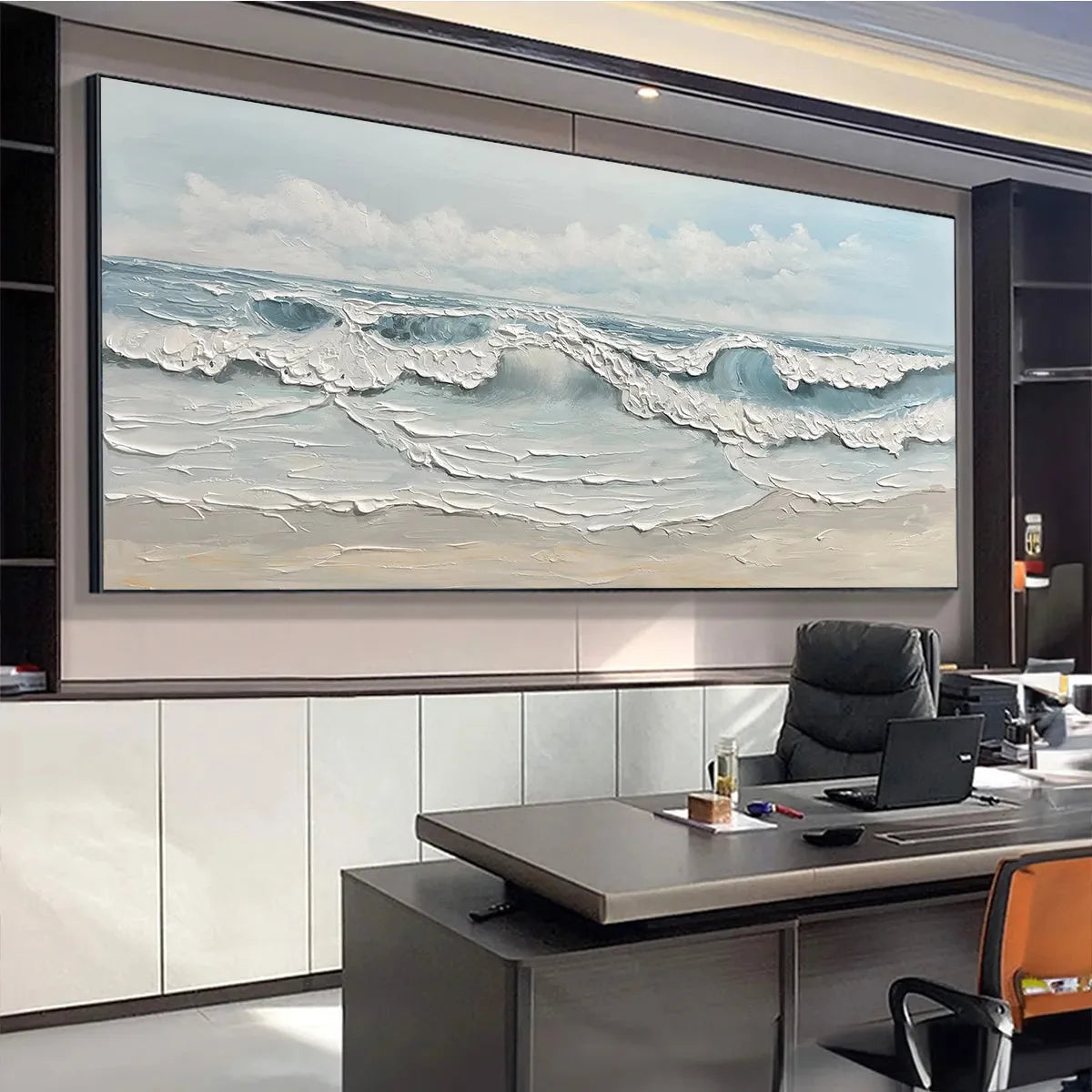 COASTAL SERENITY: Textured Ocean Waves Seascape Oil Painting | gold frame stretched on neutral wall