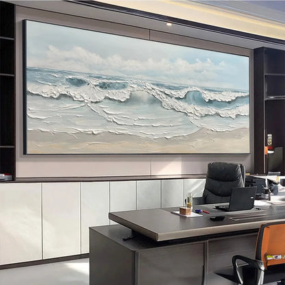 COASTAL SERENITY: Textured Ocean Waves Seascape Oil Painting | gold frame stretched on neutral wall