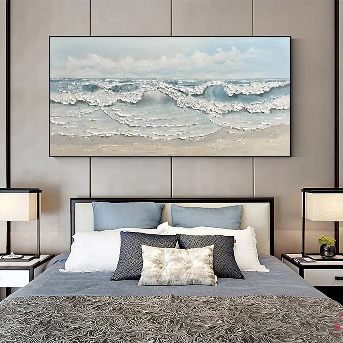COASTAL SERENITY: Textured Ocean Waves Seascape Oil Painting | black frame version on white wall