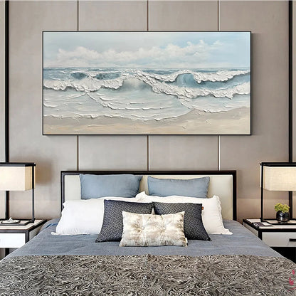 COASTAL SERENITY: Textured Ocean Waves Seascape Oil Painting | black frame version on white wall