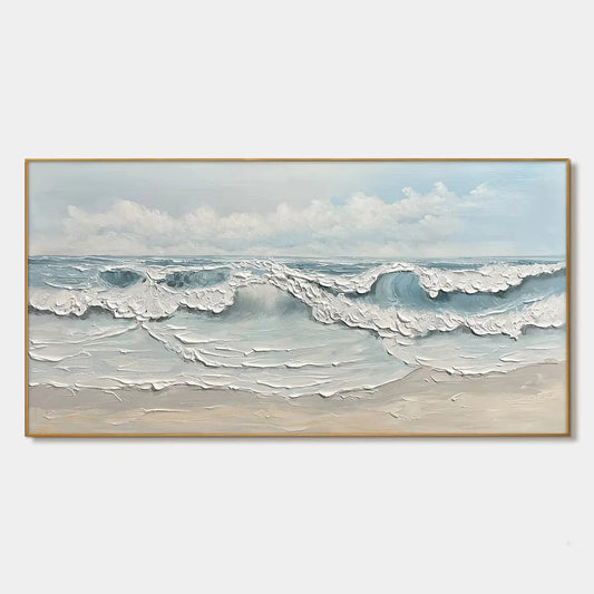 COASTAL SERENITY: Textured Ocean Waves Seascape Oil Painting | hanging in living room, textured wall art