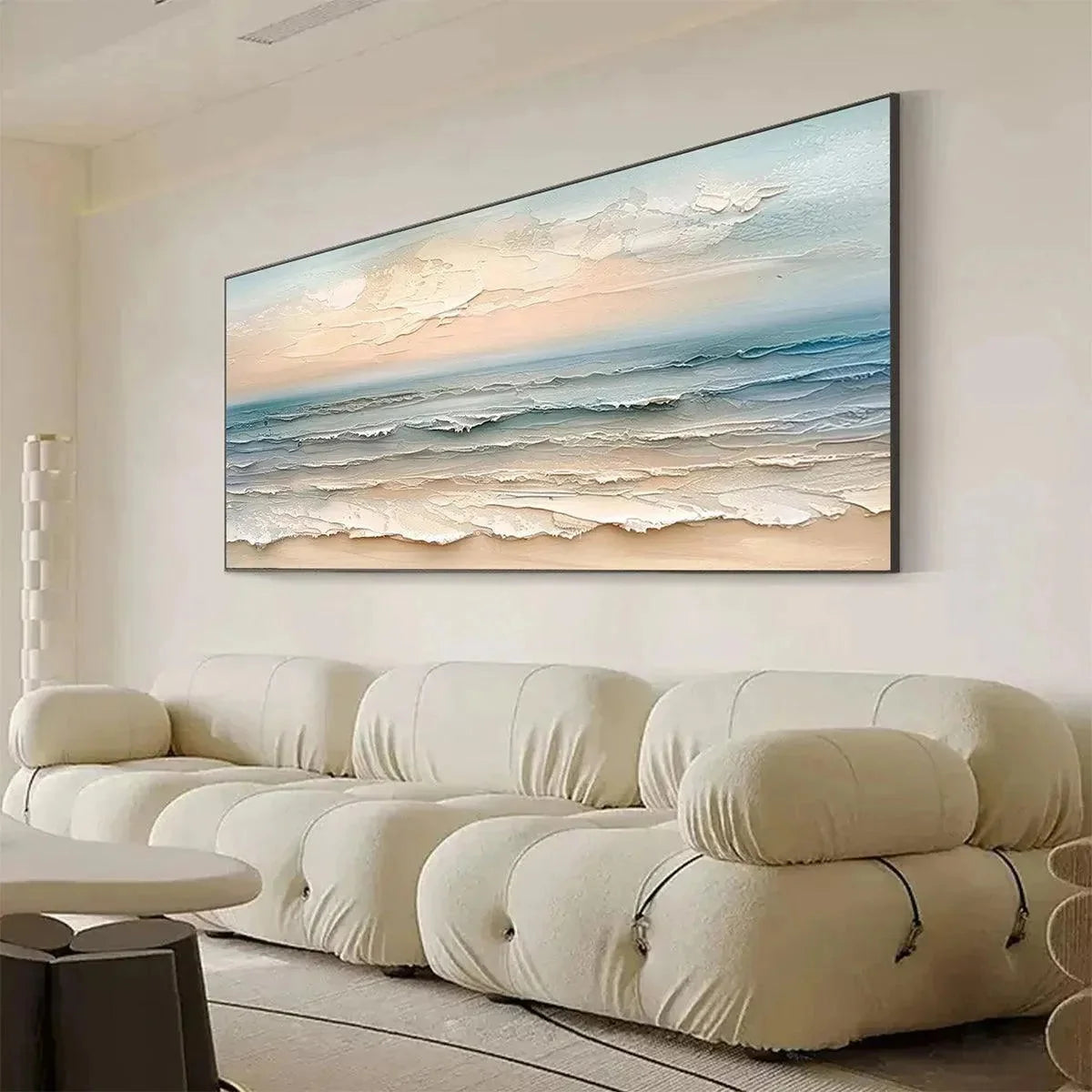 COASTAL SERENITY: Textured Seascape Painting, Impasto Waves | gold frame stretched on neutral wall