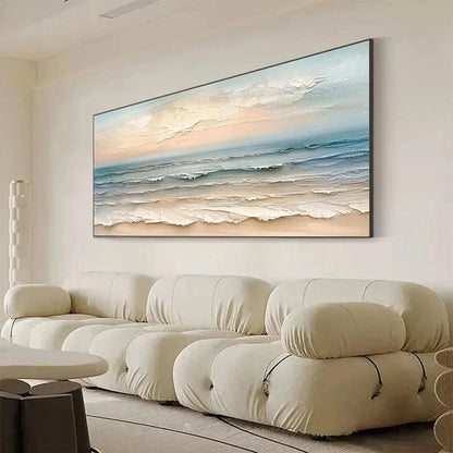 COASTAL SERENITY: Textured Seascape Painting, Impasto Waves | gold frame stretched on neutral wall