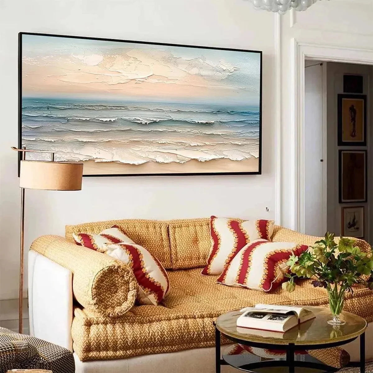 COASTAL SERENITY: Textured Seascape Painting, Impasto Waves | textured impasto mood, soft natural light studio shot