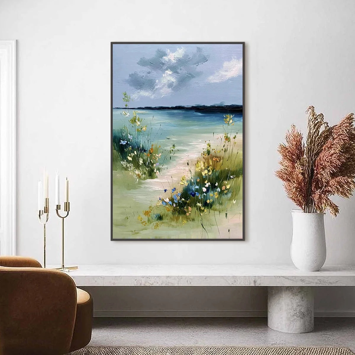 COASTAL SERENITY: Textured Vertical Seascape Painting with Waves | textured closeup, raised brushwork detail
