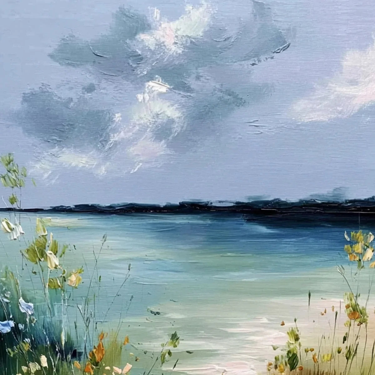 COASTAL SERENITY: Textured Vertical Seascape Painting with Waves | rectangular format, hand-painted canvas edge