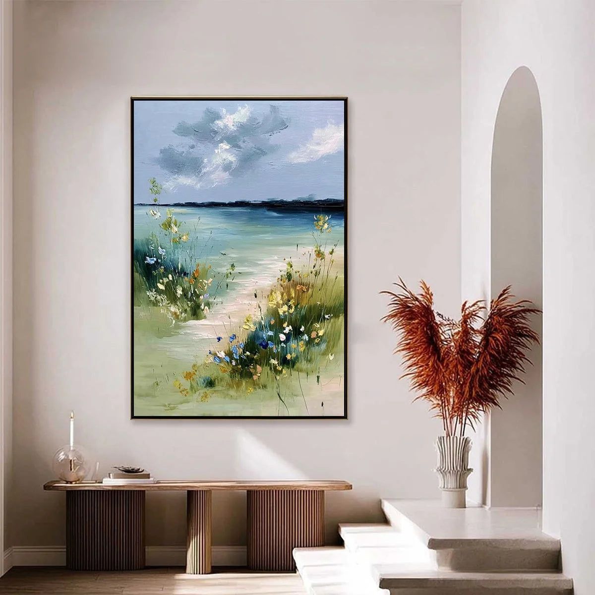 COASTAL SERENITY: Textured Vertical Seascape Painting with Waves | gold frame stretched on neutral wall