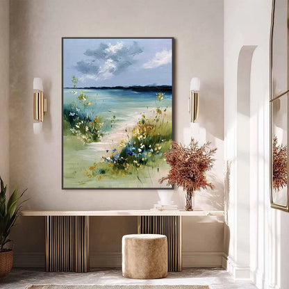 COASTAL SERENITY: Textured Vertical Seascape Painting with Waves | black frame version on white wall