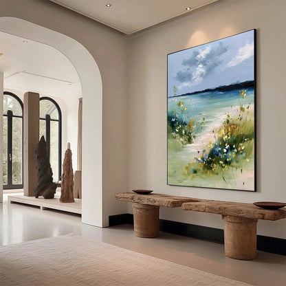 COASTAL SERENITY: Textured Vertical Seascape Painting with Waves | textured mood, soft natural light studio shot