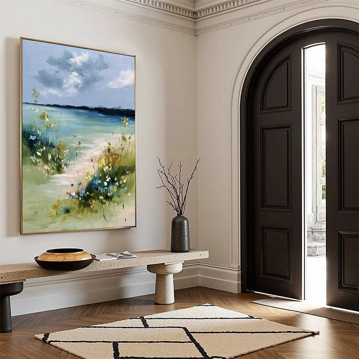 COASTAL SERENITY: Textured Vertical Seascape Painting with Waves | blue palette, original bedroom art