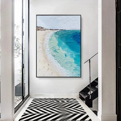COASTAL SERENITY: Vertical Impasto Beach Scene Oil Painting | gold frame stretched on neutral wall