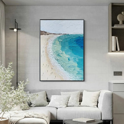 COASTAL SERENITY: Vertical Impasto Beach Scene Oil Painting | Abstract mood, soft natural light studio shot